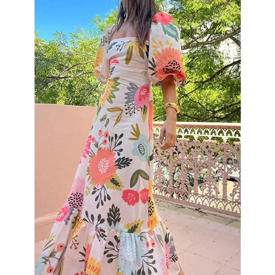 Floral Square Neck Puff Sleeve Maxi Dress with Ruffle Hem