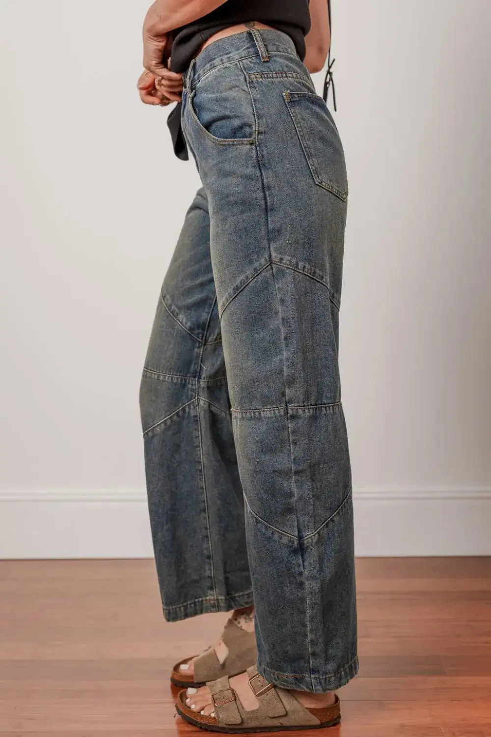 High-Waist Washed Stretch Straight Leg Jeans
