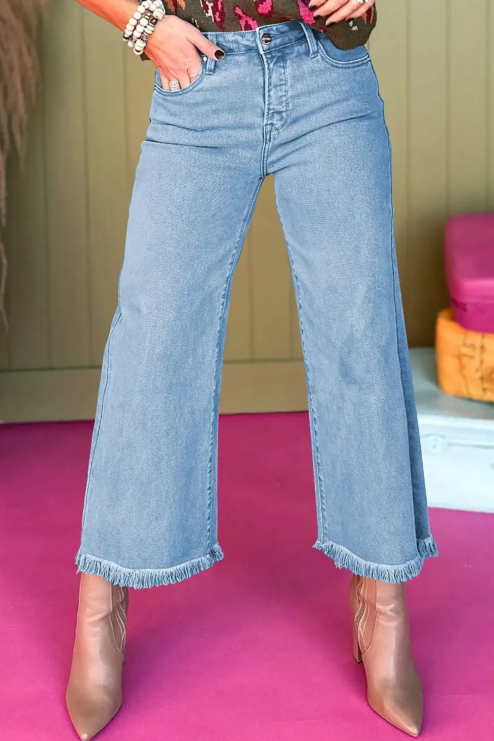 Pocketed High Waist Wide Leg Frayed Denim Jeans