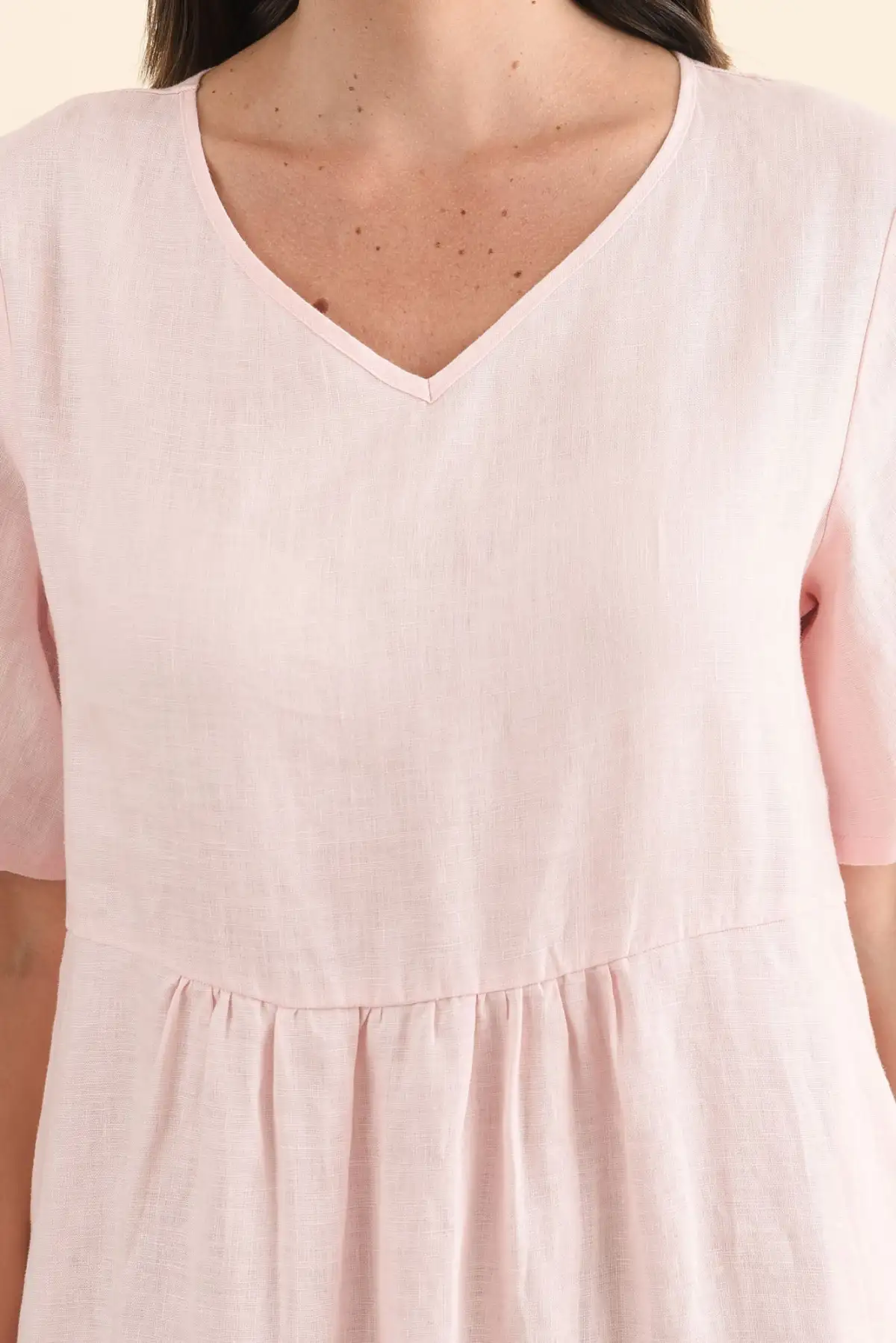 Pocket Below-Knee Tiered Linen Pleated V-Neck Half-Sleeve Dress