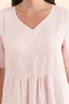 Pocket Below-Knee Tiered Linen Pleated V-Neck Half-Sleeve Dress