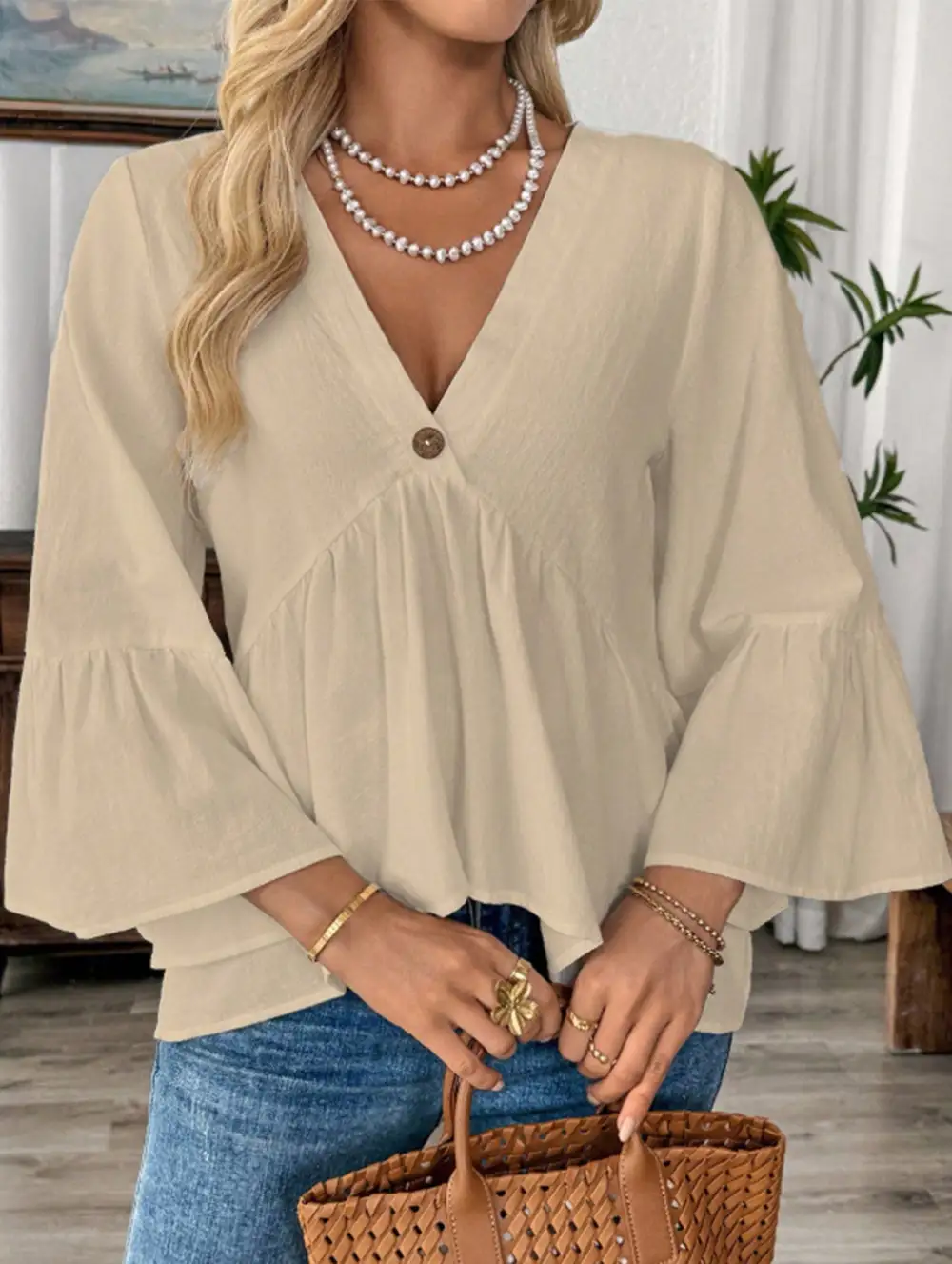 V-Neck Ruffle Sleeve Cotton Top