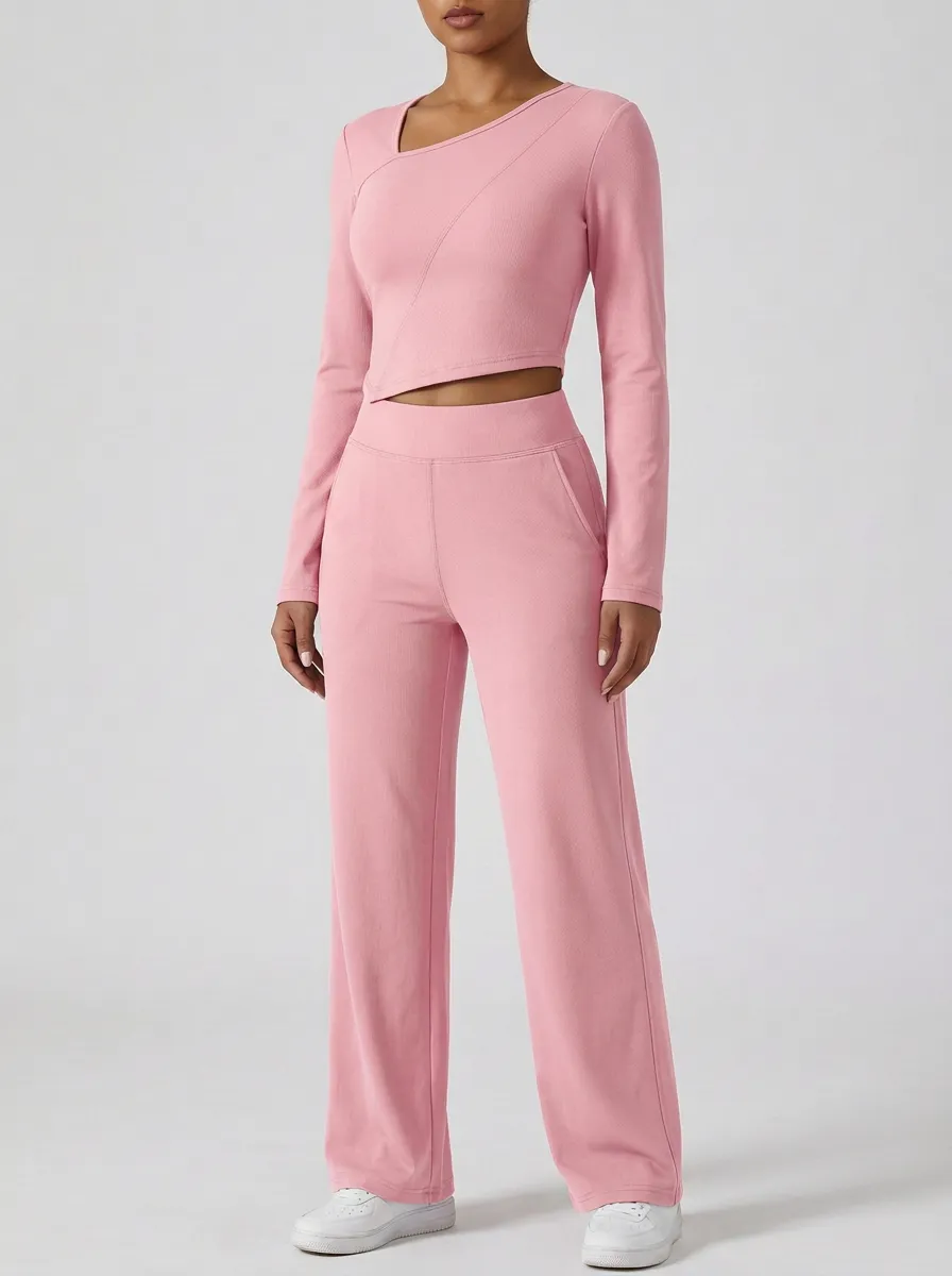 Women's Layered Asymmetric Crop Top and Wide-Leg Trouser Set