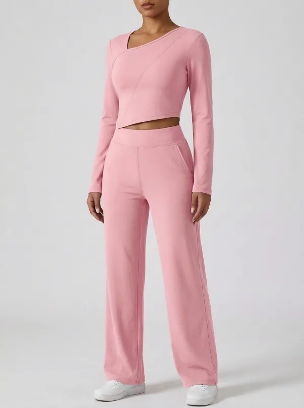 Women's Layered Asymmetric Crop Top and Wide-Leg Trouser Set