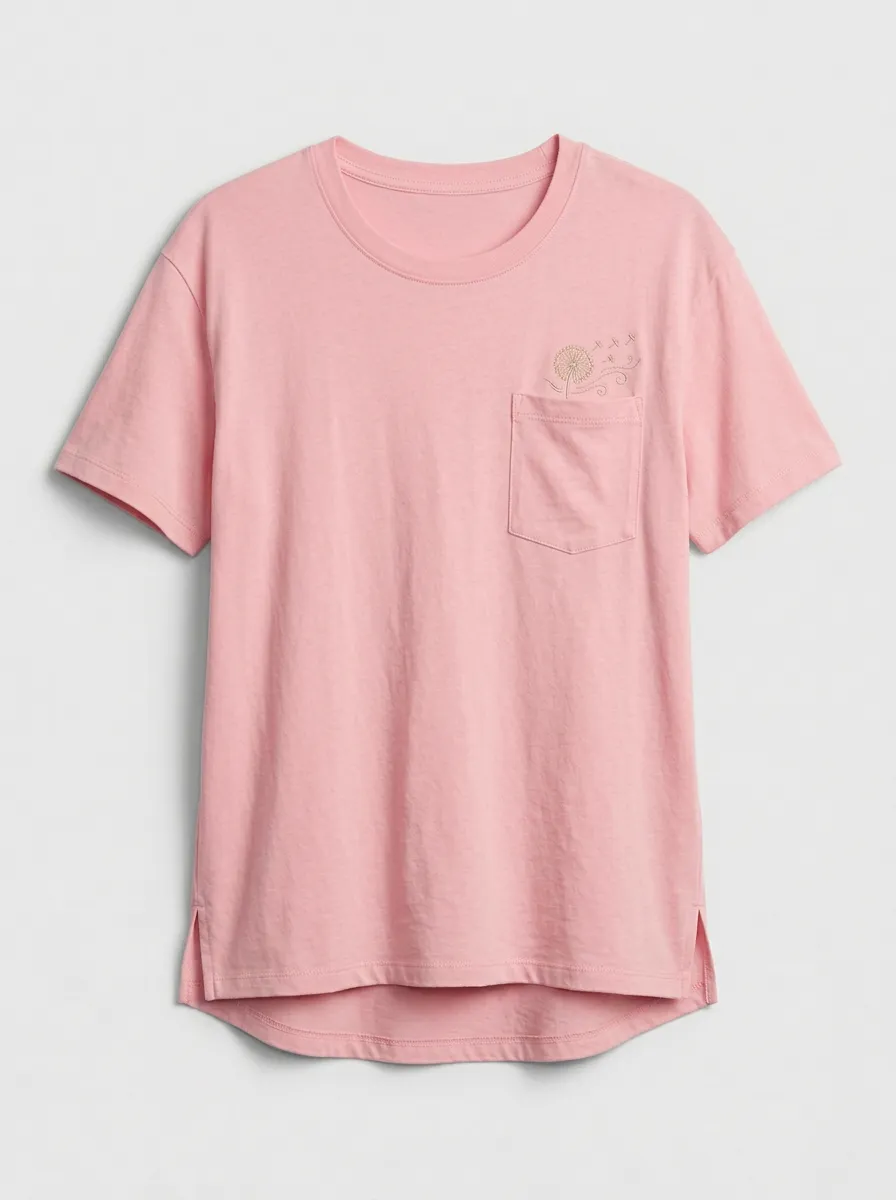 Women's Dandelion Floral Embroidered Pocket Crewneck T-Shirt