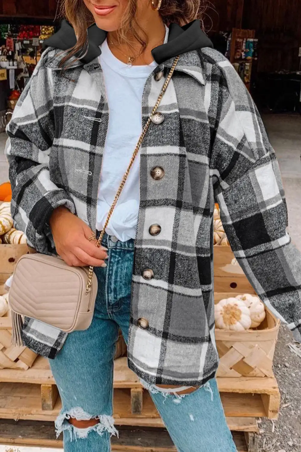 Hooded Plaid Button Front Shirt Jacket