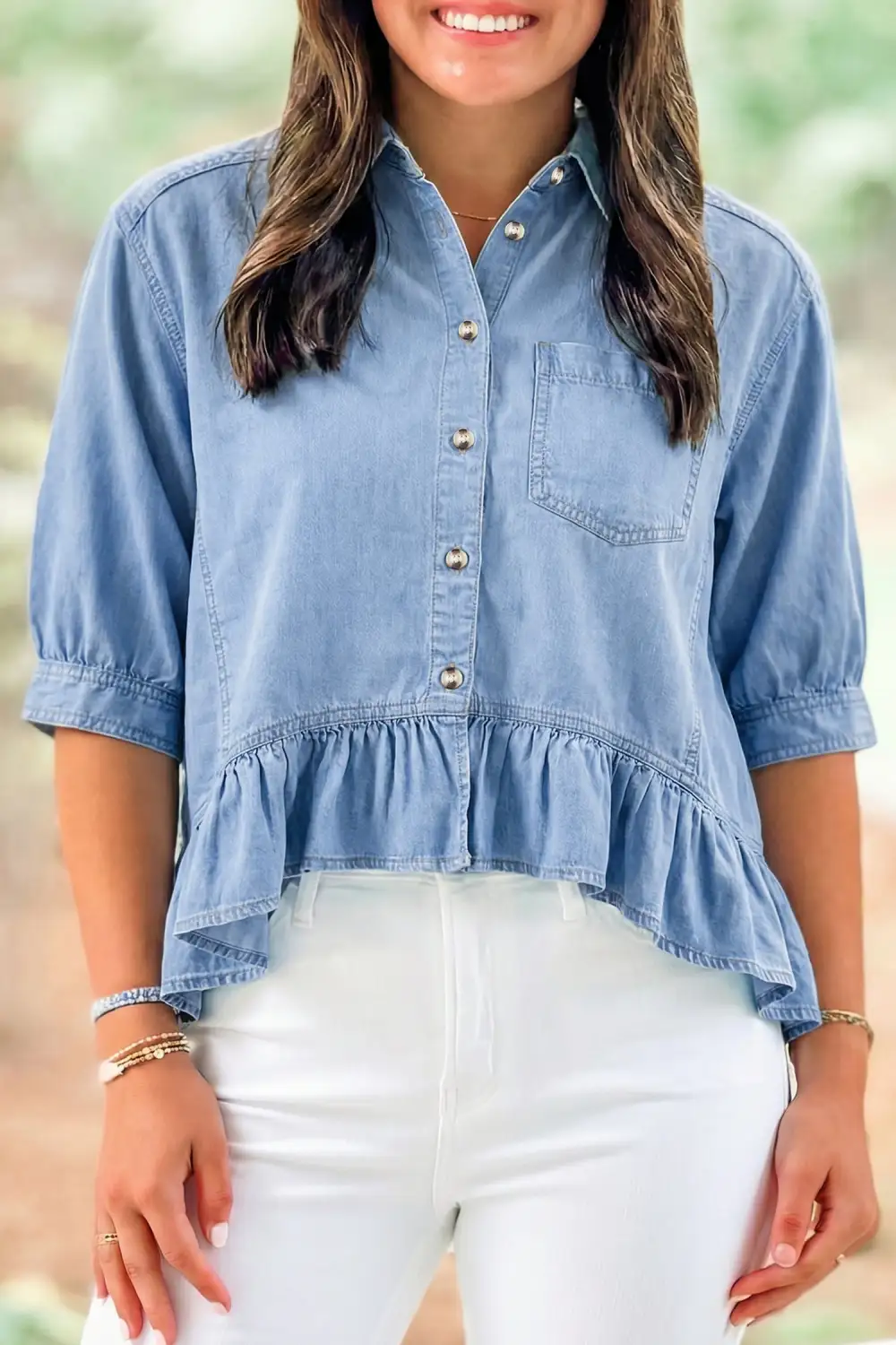 Ruffle Sleeve Half Sleeve Button Front Blouse