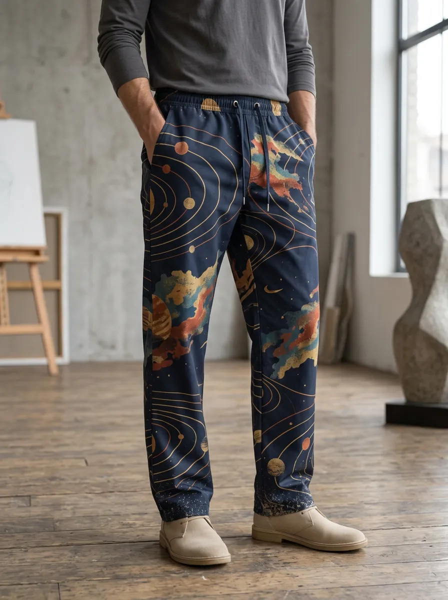 Men's Straight-Leg Celestial Print Drawstring Trousers