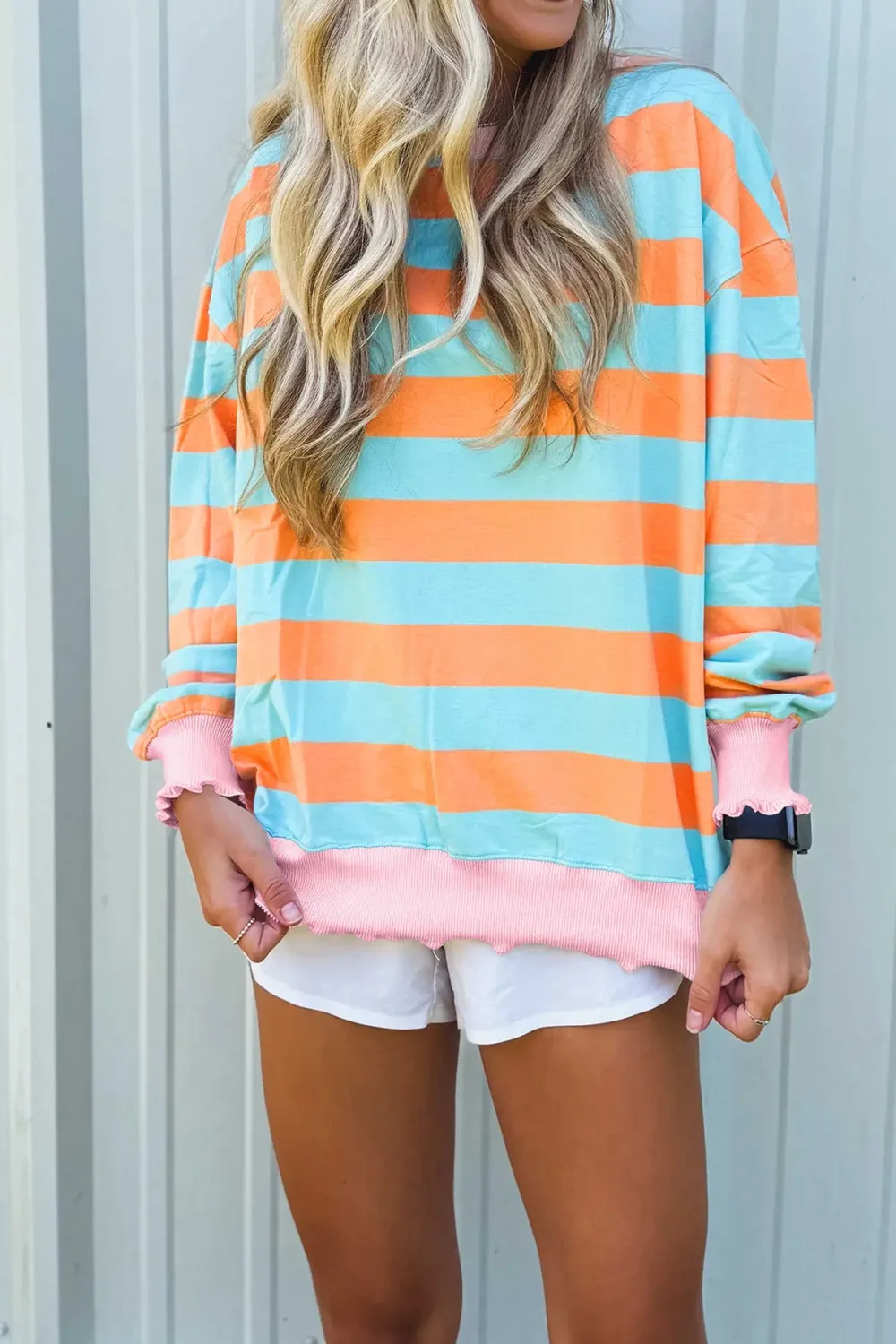 Striped Round Neck Ribbed Long Sleeve Top