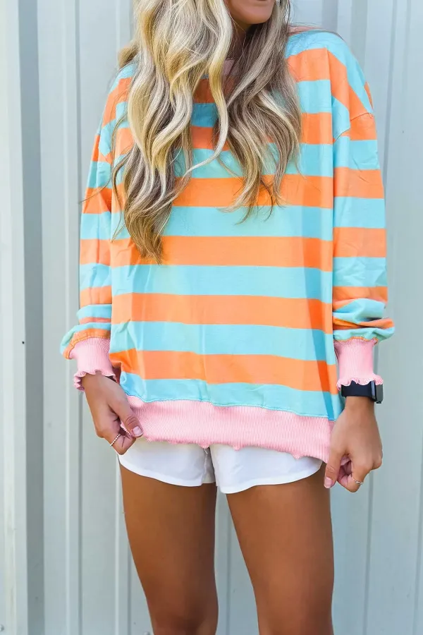 Striped Round Neck Ribbed Long Sleeve Top
