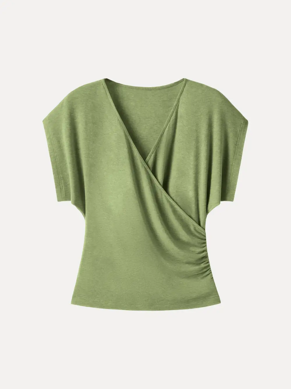Summer Lyocell Wool Surplice Ruched Short Sleeve Top