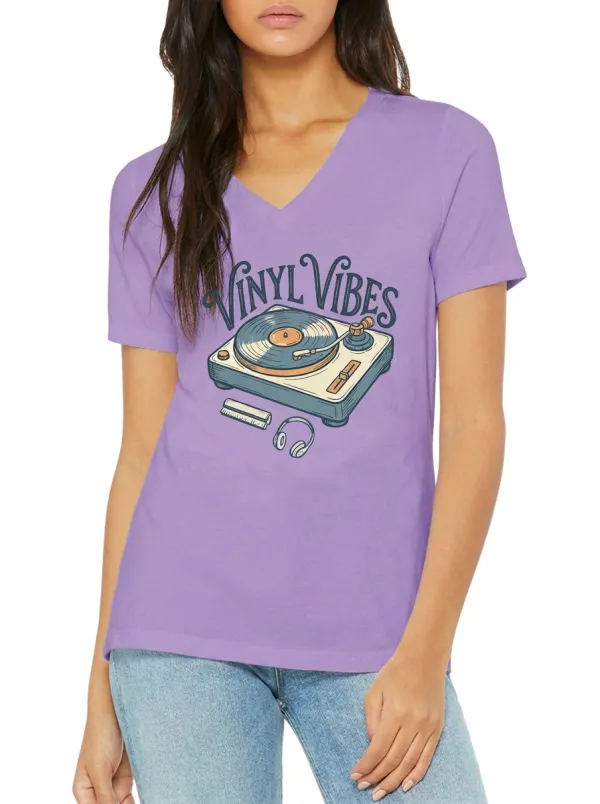 Women's Music Lover Vinyl Record Player Printed V-neck T-shirt