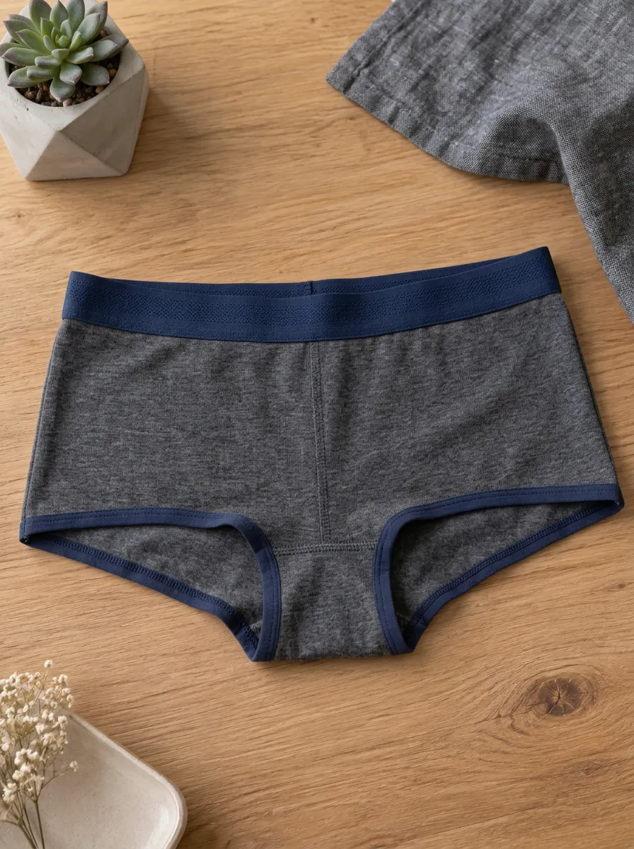 Women's Grey Heather Blue Trim Cotton Boyleg Panties
