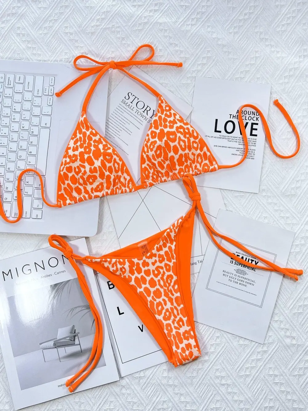 Leopard Print Halter Neck Tie Bikini Swim Set
