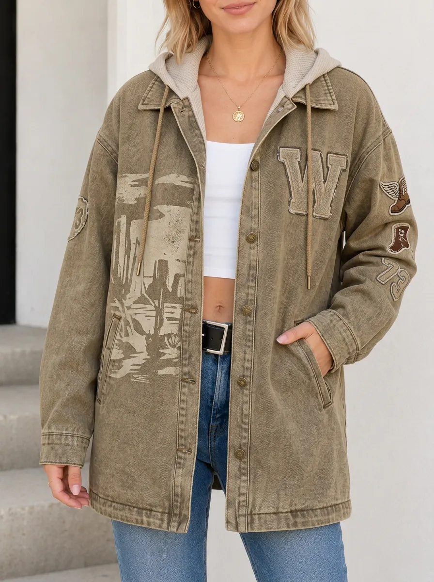 Women's Western Cowgirl Desert Landscape Printed Hooded Denim Jacket