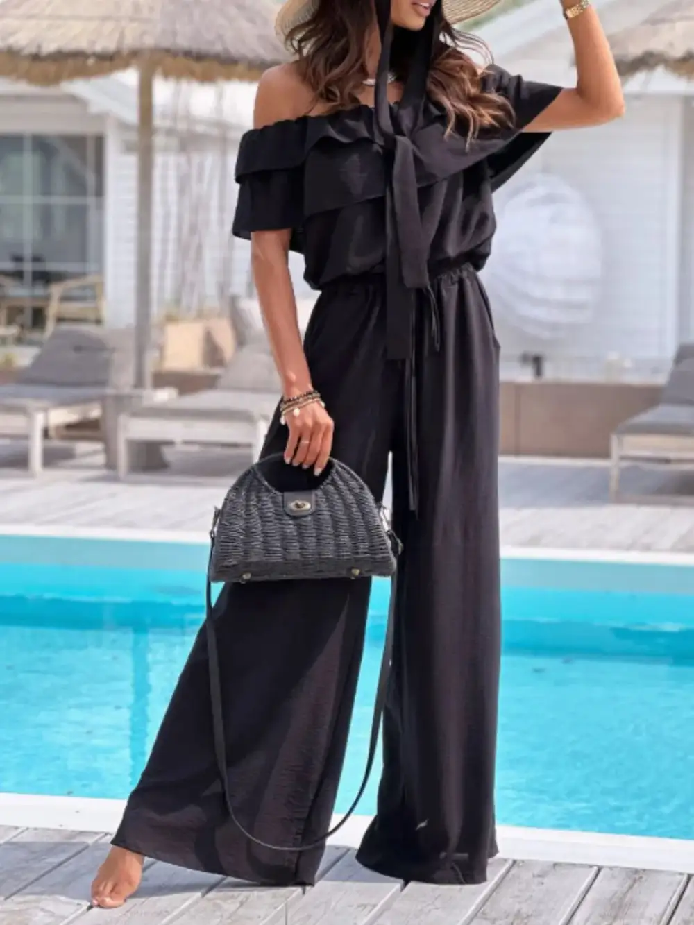 Shoulder Ruffled Wide Leg Jumpsuit