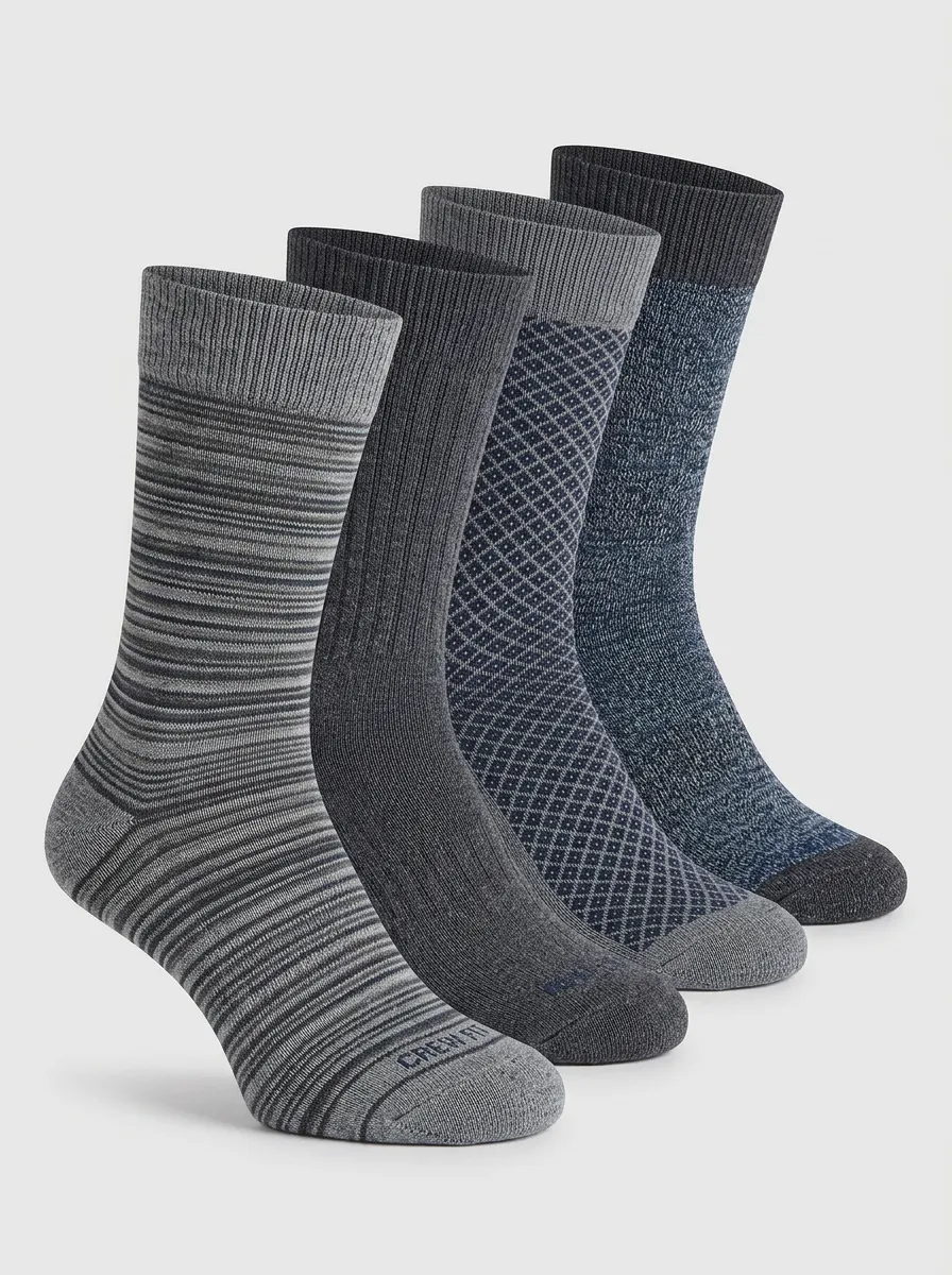Men's Crew Socks Four-Pair Pack with Striped Geometric Heathered Texture Crew Length