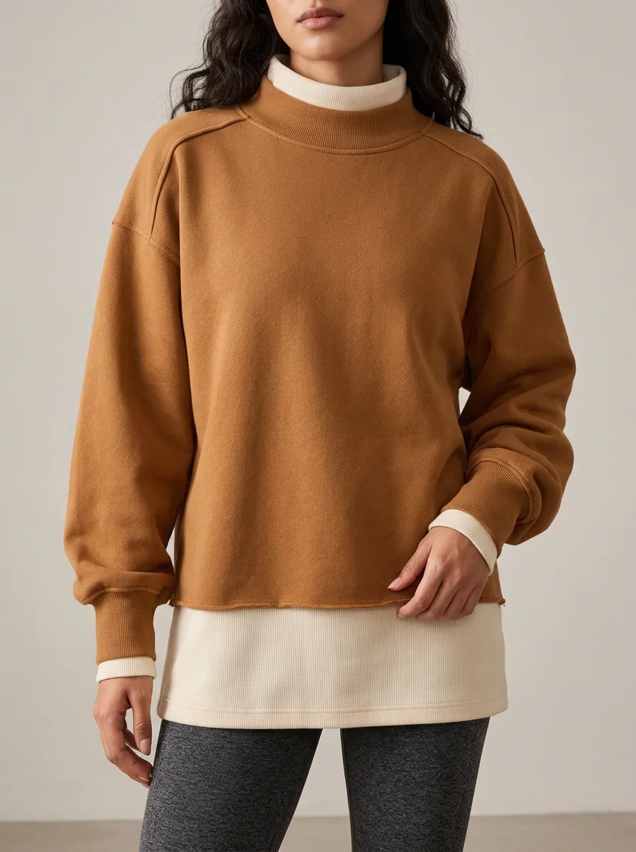 Women's Layered Look Sweatshirt Featuring Cream and Brown Tones