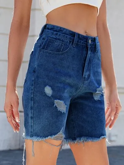 Distressed Raw Hem Shorts Detail Denim Pants