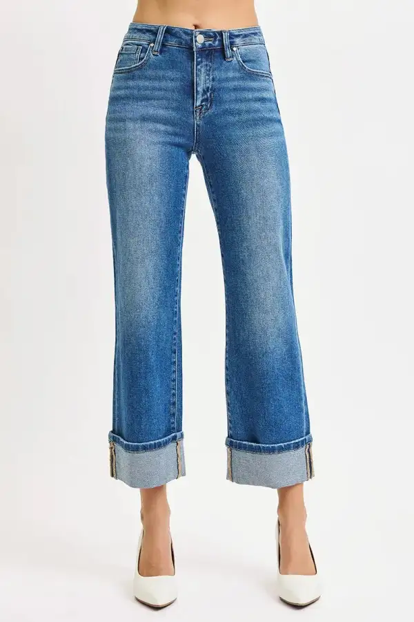 Denim Mid Rise Straight Leg Raw Hem Jeans