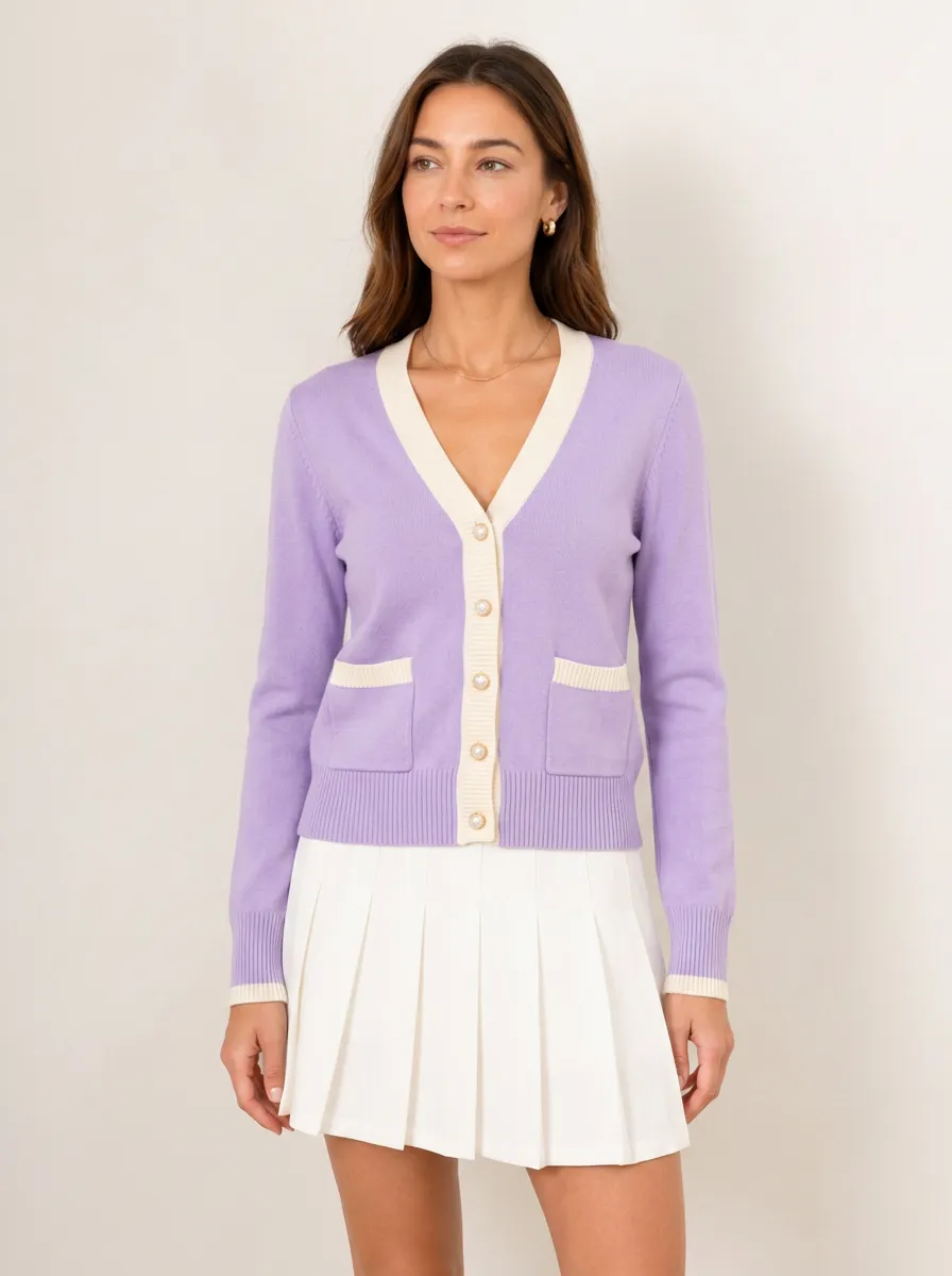 Women's Casual Style Lavender Contrast Trim Buttoned Cardigan