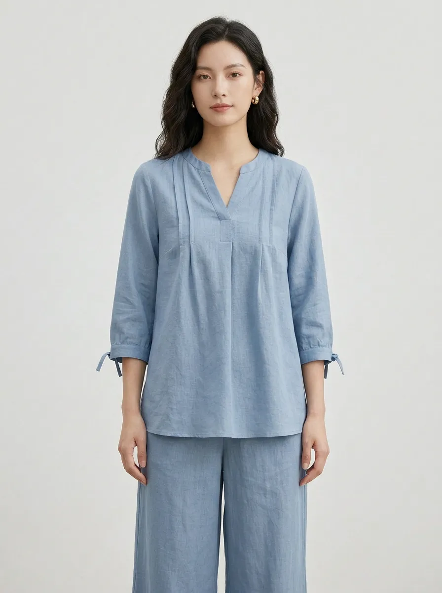 Short-Sleeve Tie-Sleeve Pleated Women's V-Neck Shirt