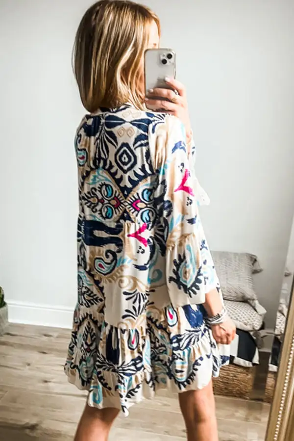 Printed Tribal Print Bracelet Sleeve Buttoned Mini Dress