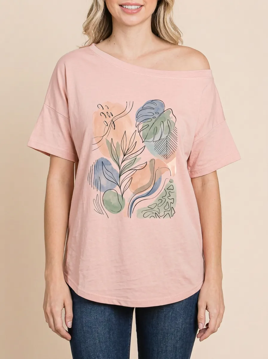 Women's Boho Botanical Abstract Line Art Graphic T-Shirt