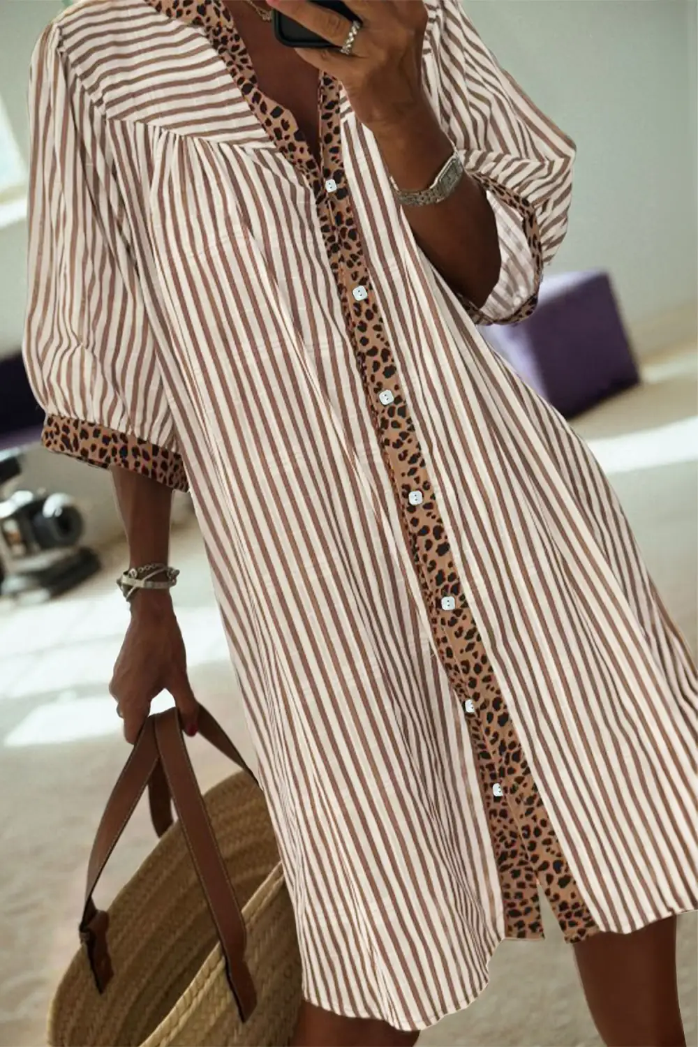 Stripe Square Button Leopard Trim Loose Bracelet Sleeve Shirt Dress Weekend