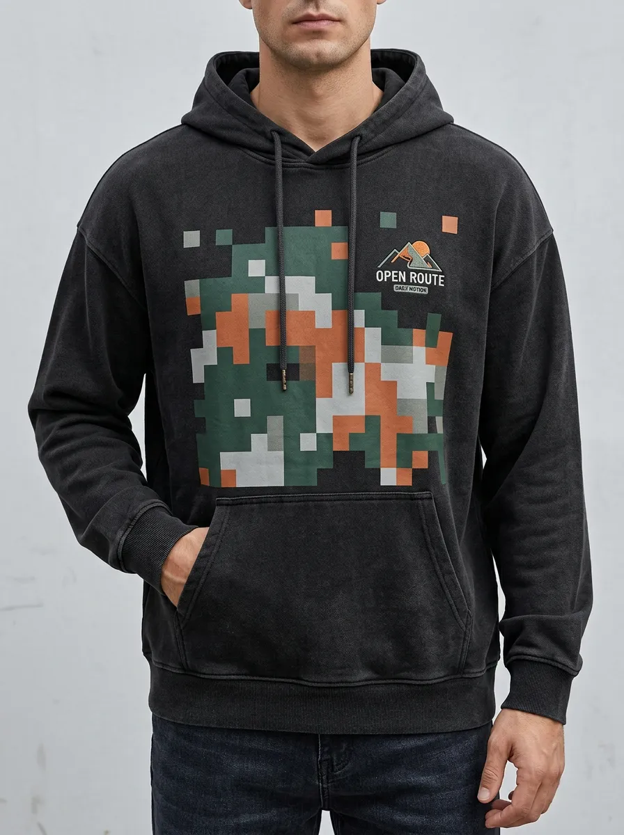 Men's Outdoor Hiking Lover Open Route Pixel Camo Print Hoodie