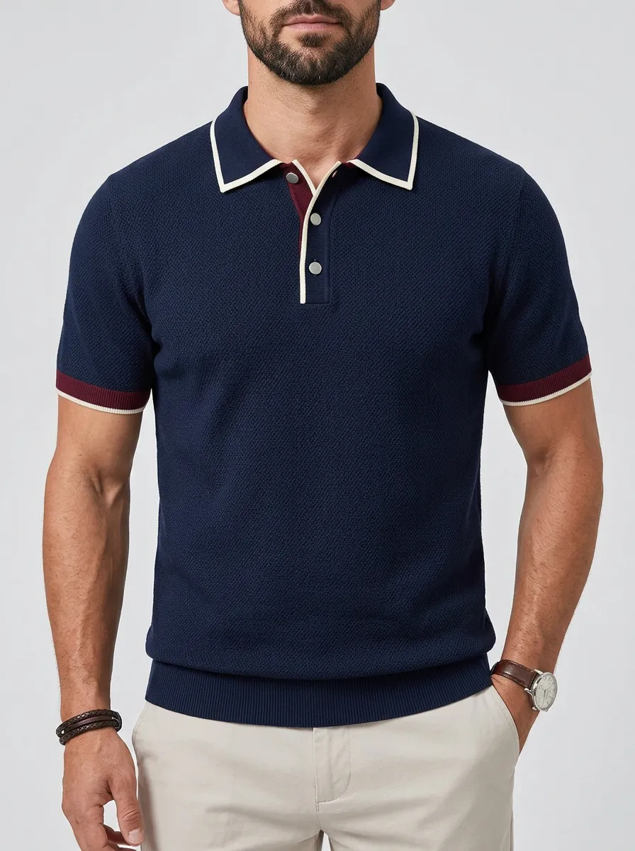 Men's Casual Business Navy Textured Contrast Trim Polo Shirt