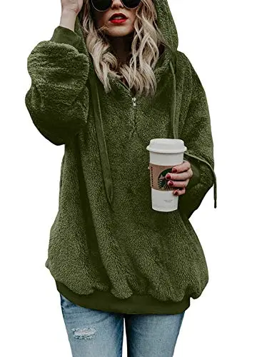 Women Casual Double Fuzzy Sweatshirt Faux Fleece Zip Pullover Hoodies Coat Outwear S-XXL