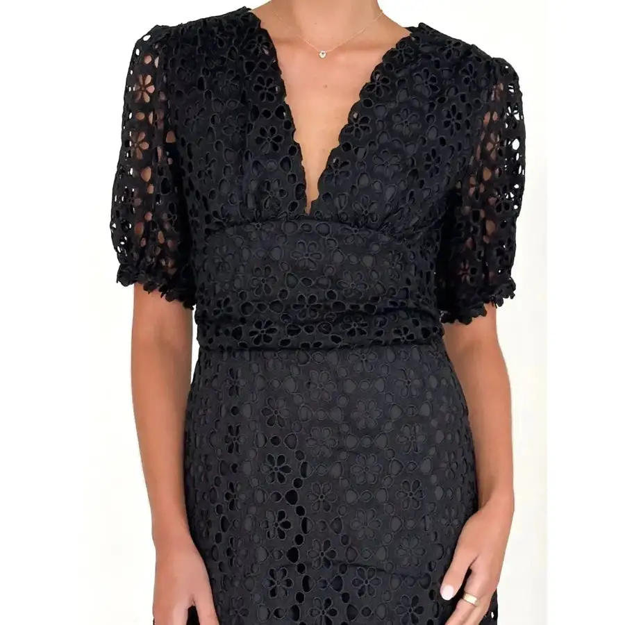 Eyelet Lace V-Neck Midi Dress with Puff Sleeves