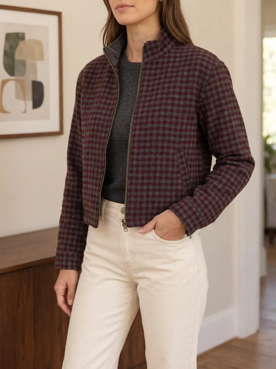 Women's Comfort Focused Plaid Stand Collar Cropped Jacket