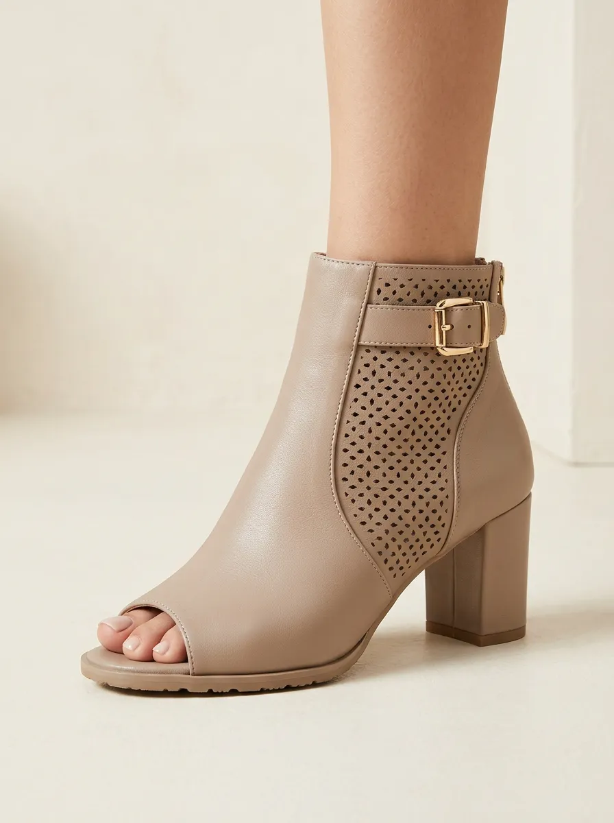Laser-Cut Buckle-Detail Women's Peep-Toe Ankle Boots
