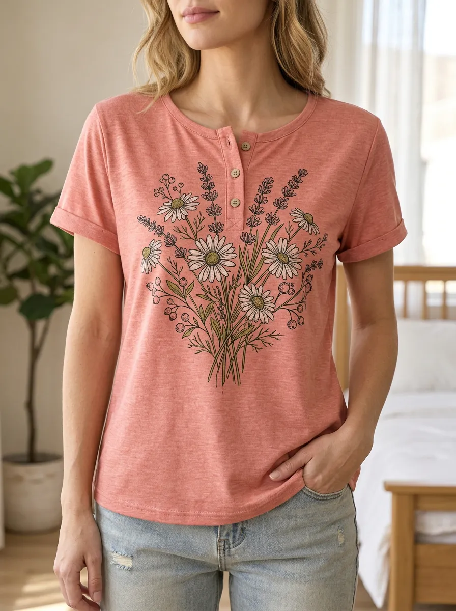 Women's Floral Lover Daisy Bouquet Printed Henley T-shirt