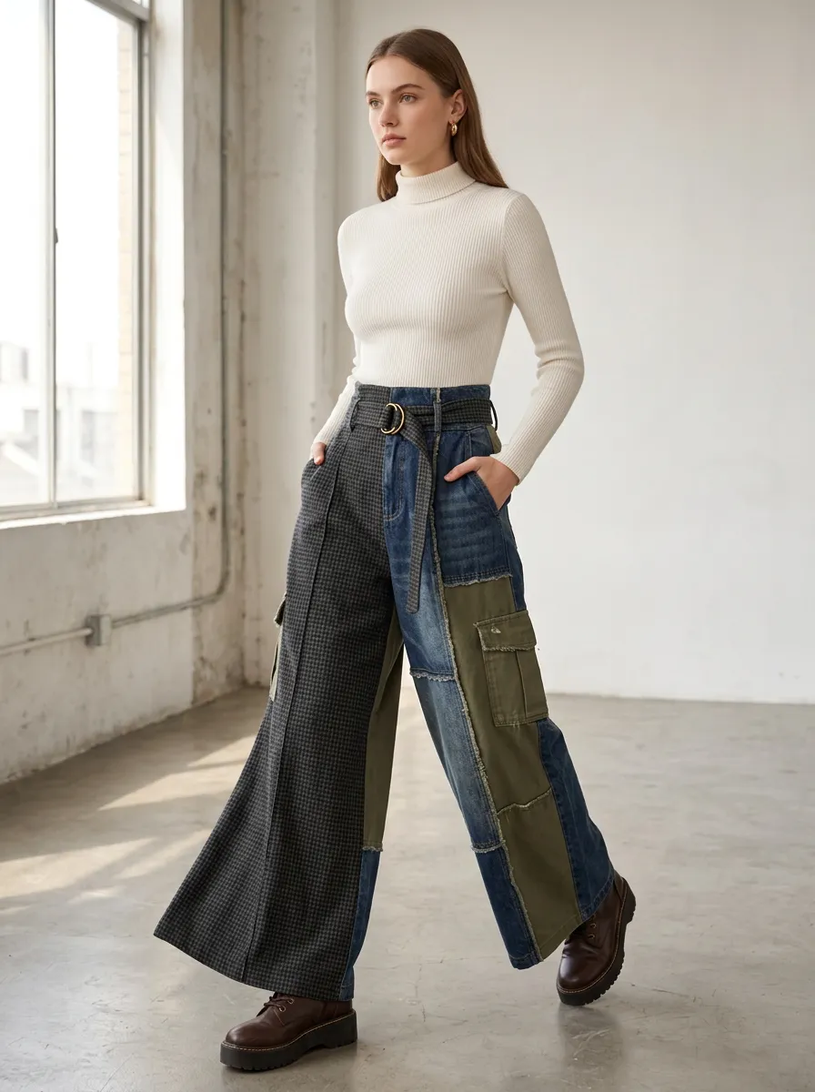 Women's Fashion Casual Plaid Denim Patchwork Cargo Pants