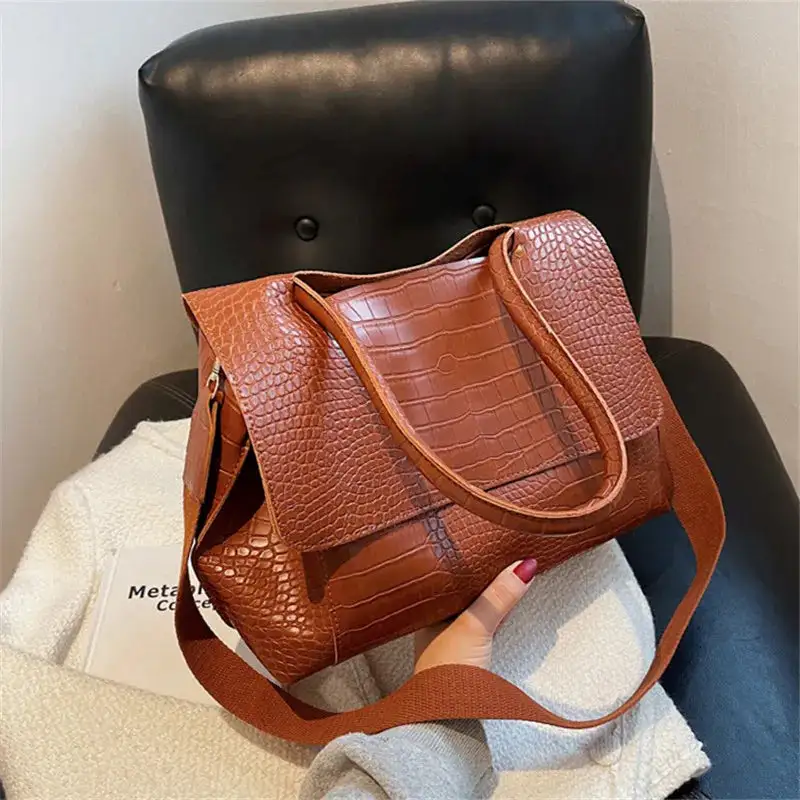 Chic Espresso Croc Embossed Shoulder Bag