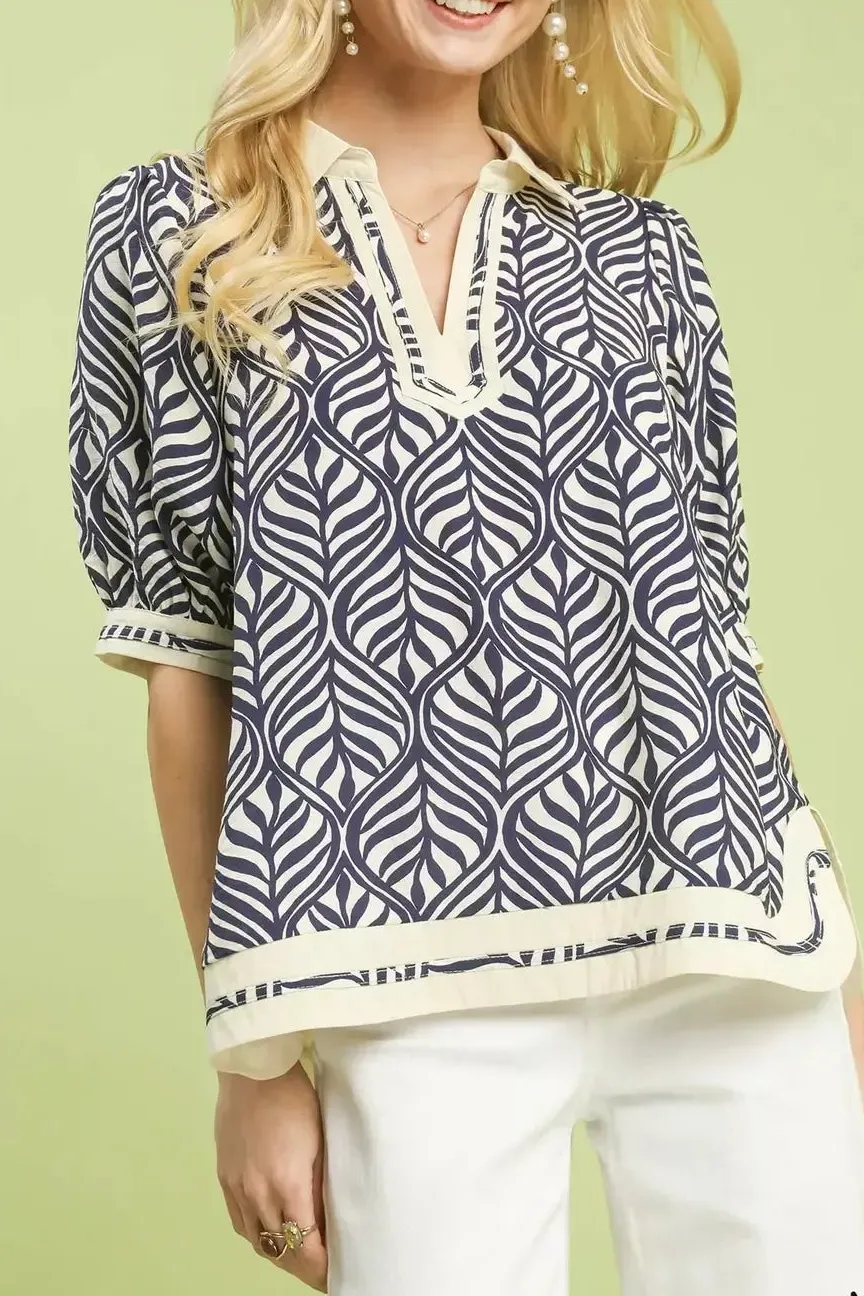 Geometric Leaf Print Popover Top