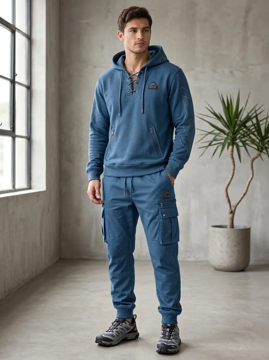 Streamlined Lace-Up Multi Pocket Heritage Look Men's Lace Up Hoodie And Cargo Jogger Set