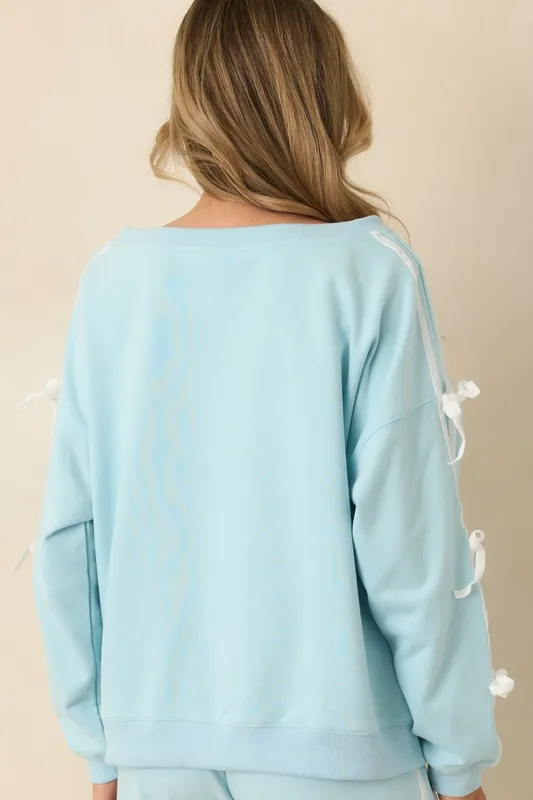Aqua Tie-Detail Scoop Neck Sweatshirt