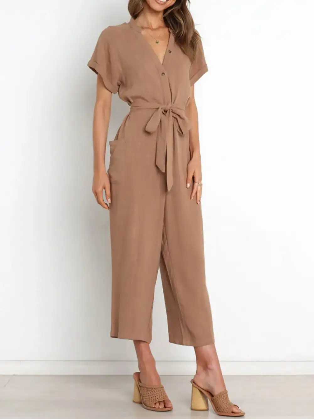 Notched Short Sleeve Tie Waist Jumpsuit Shorts