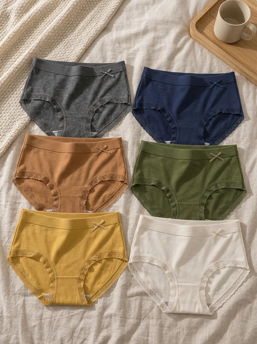 Women's Cotton Bowknot Lace Trim Multi-color Panties Set