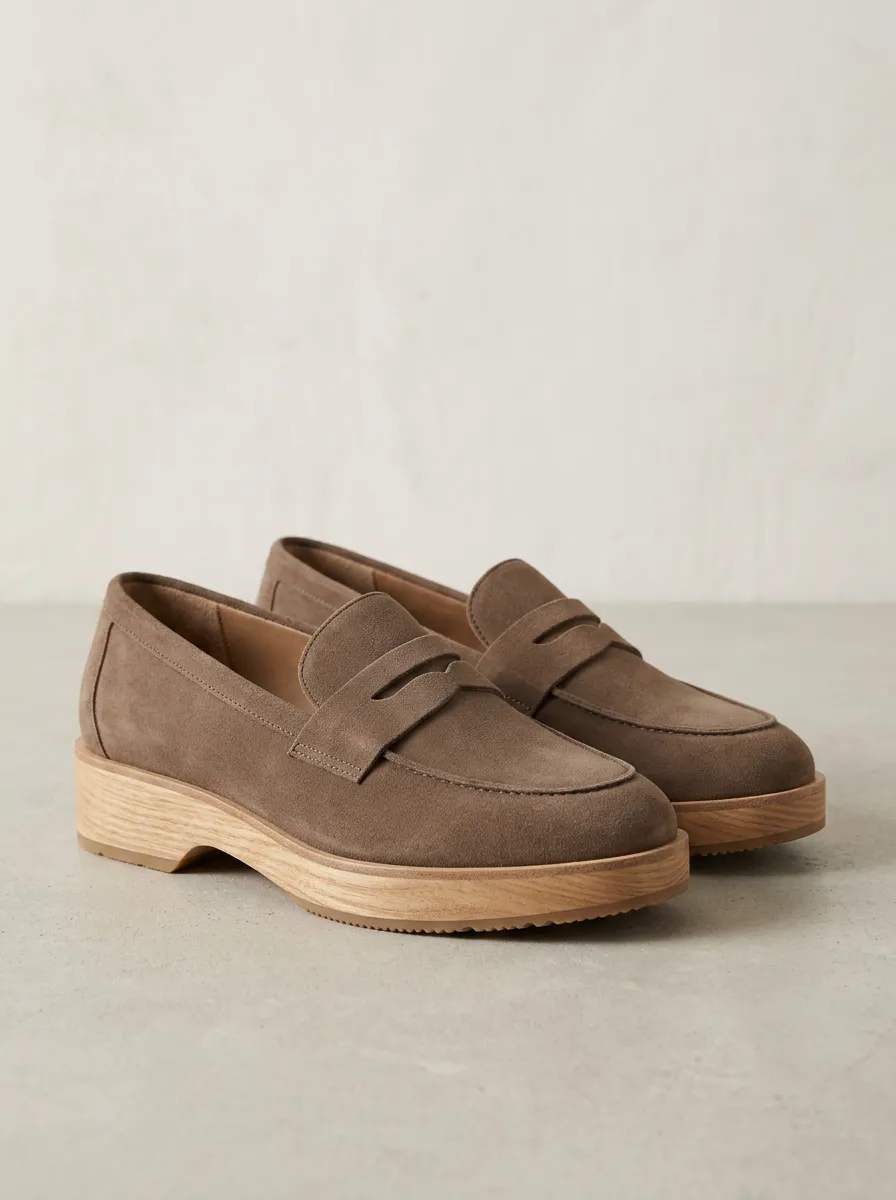 Women's Utility Platform Minimalist Suede Wood Sole Loafers