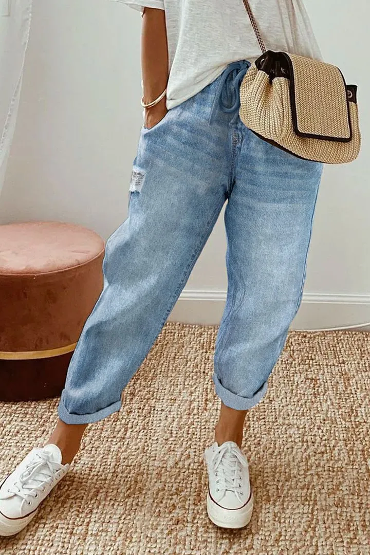 Drawstring Waist Ripped Jeans
