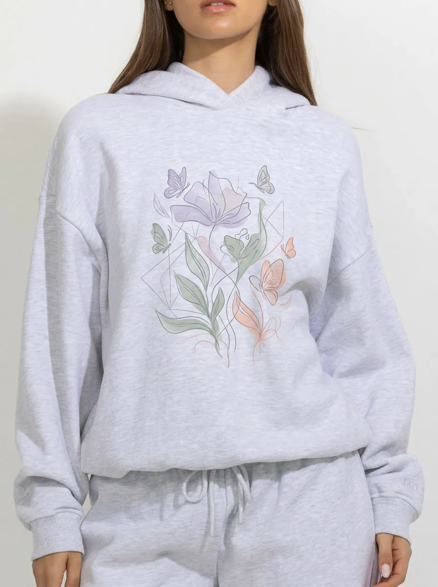 Women's Floral Butterfly Line Art Printed Hoodie