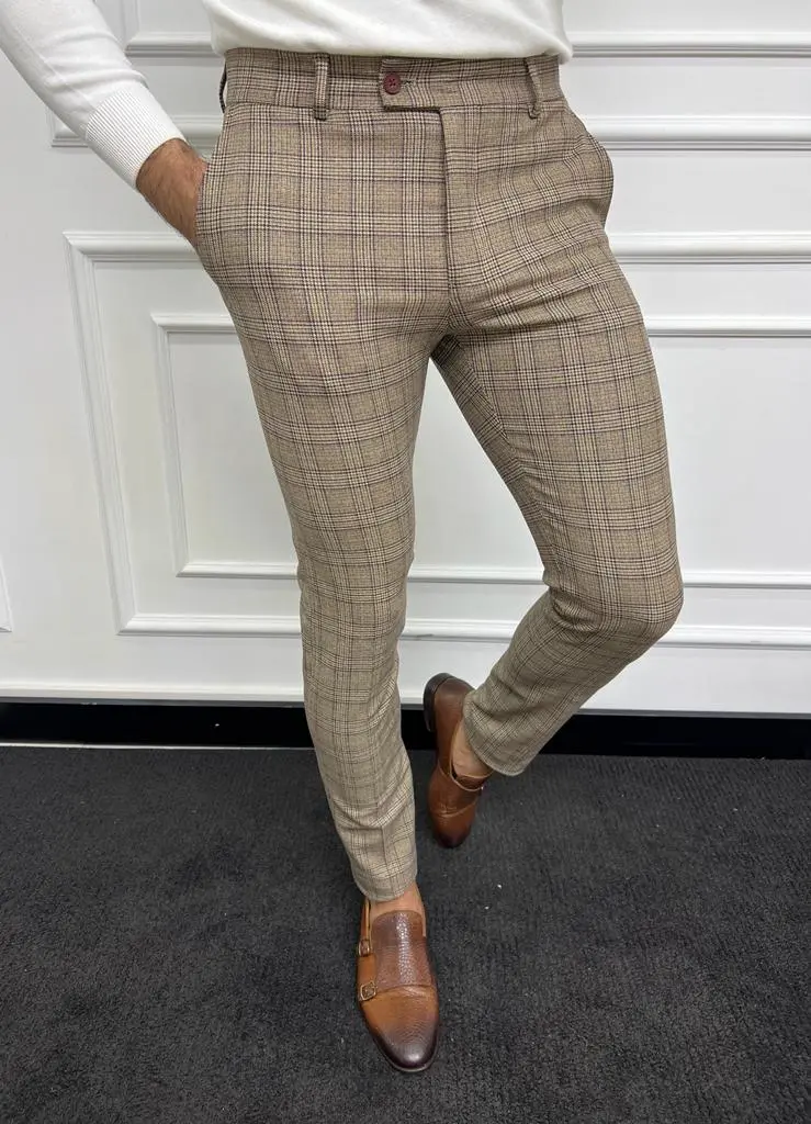 Refined Slim Fit Striped Plaid Tailored Trousers