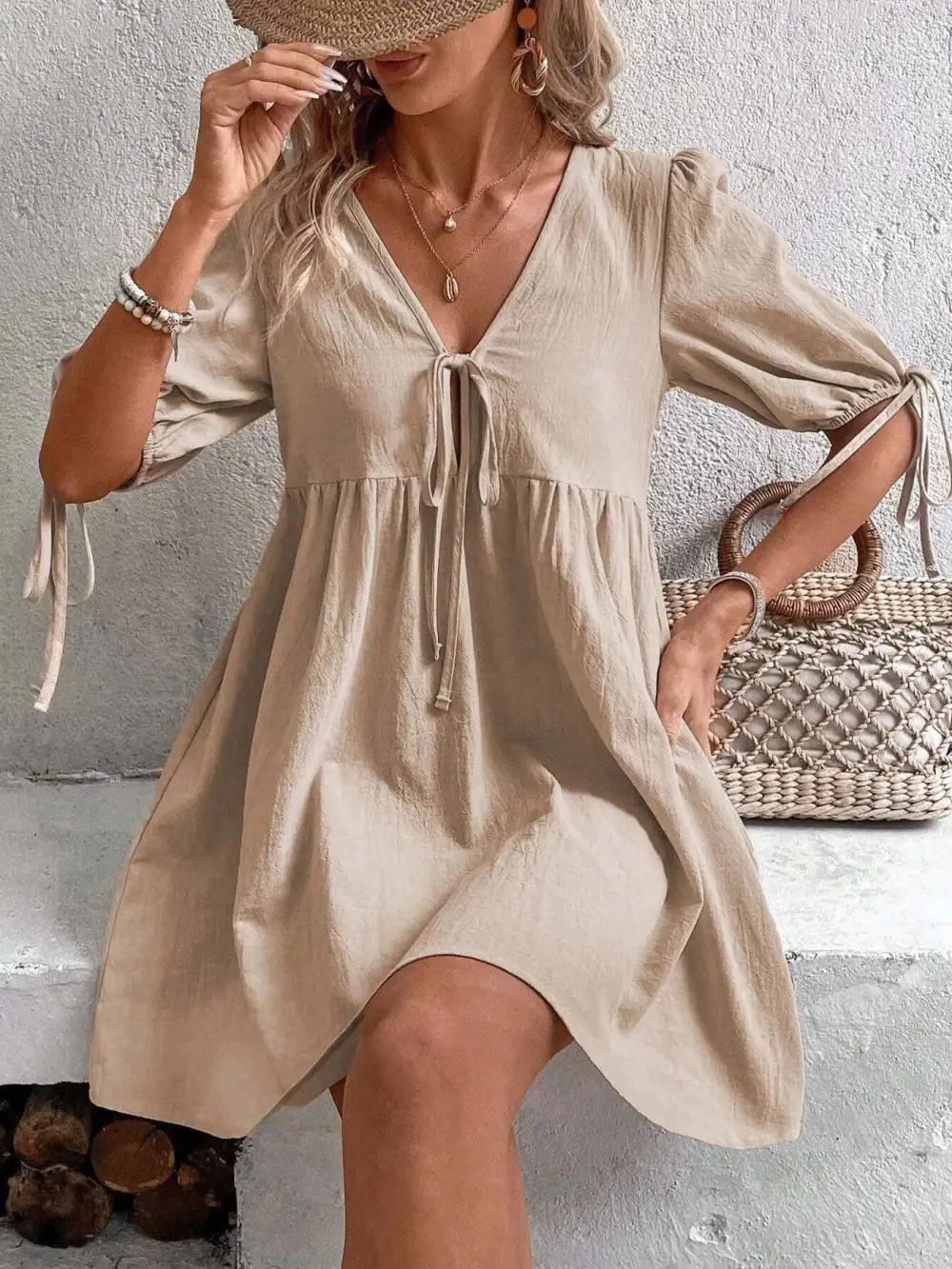 V Neck A Line Mini Dress