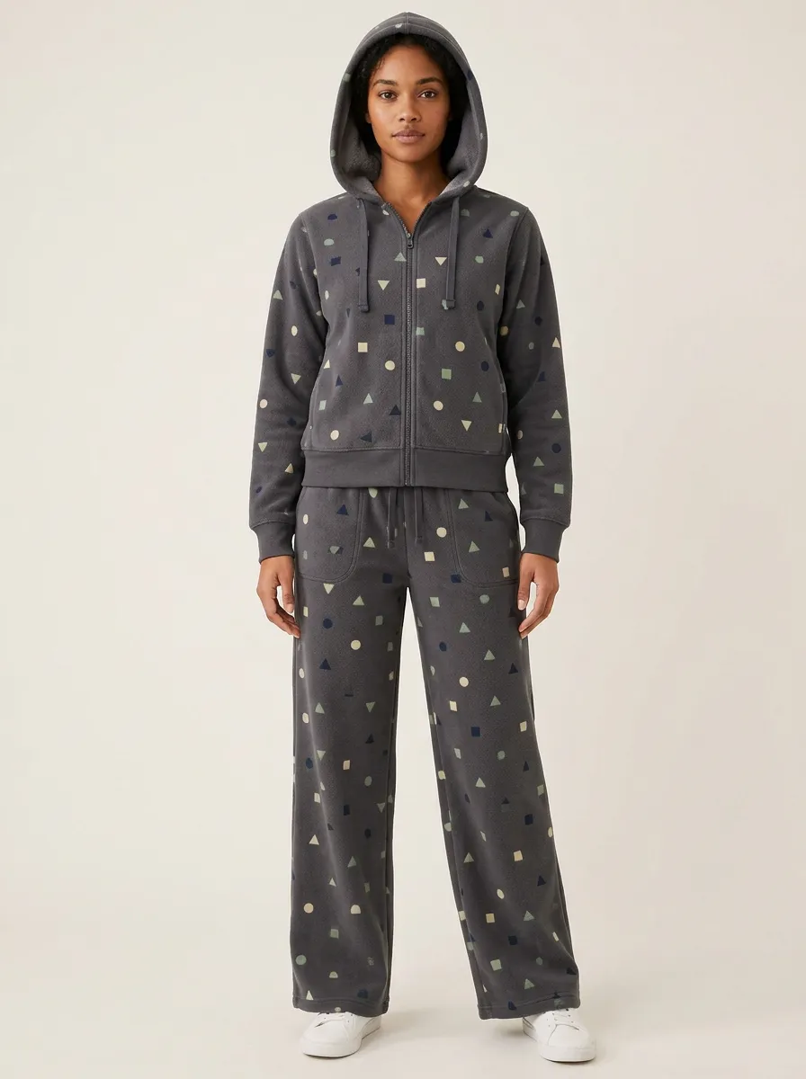 Women's Geometric Print Zip-Up Hoodie And Lounge Pant Set