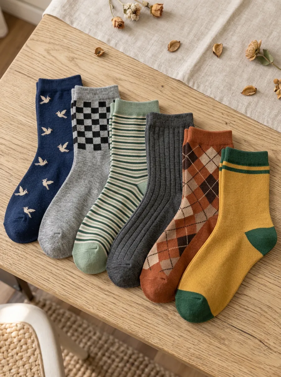 Women's Vintage Style Bird Checkered Striped Argyle Printed Socks Set